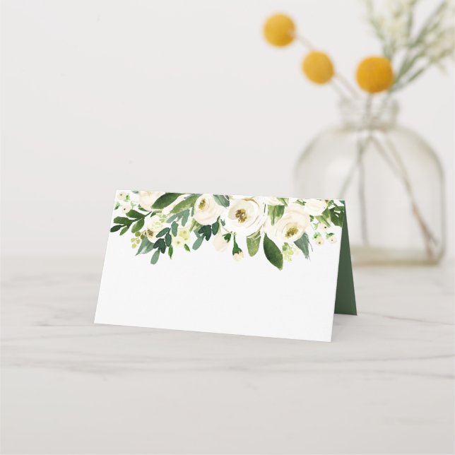 Elegant White Watercolor Floral Blank Wedding Place Card (Front)