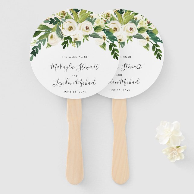 Elegant White Watercolor Floral Greenery Wedding Hand Fan (Front and Back)