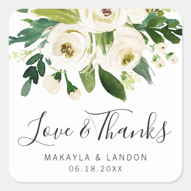Elegant White Watercolor Floral Greenery Wedding Square Sticker (Front)