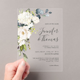 Elegant White Watercolor Floral Hydrangeas Wedding Acrylic Invitations