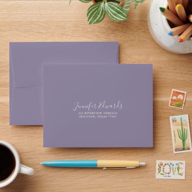 Elegant White Watercolor Floral on Lavender Envelope (Desk)