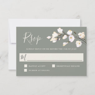 Elegant White Watercolor Floral Sage Green RSVP Card