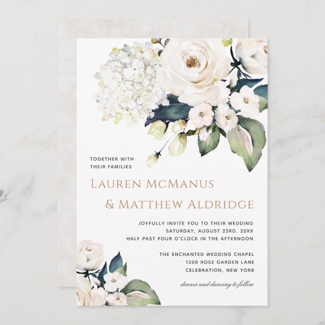Elegant White Watercolor Floral Wedding Invitation (Front/Back)