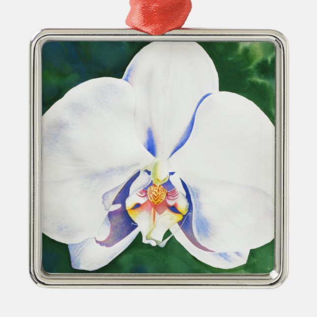 Elegant white watercolor orchid  metal ornament (Front)