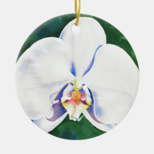 Elegant white watercolor orchid painting ceramic ornament