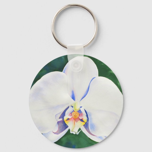 Elegant white watercolor orchid painting key ring (Front)