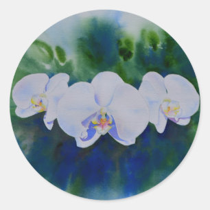 Elegant white watercolor tropical boho orchids classic round sticker