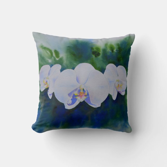 Elegant white watercolor tropical boho orchids  cushion (Front)