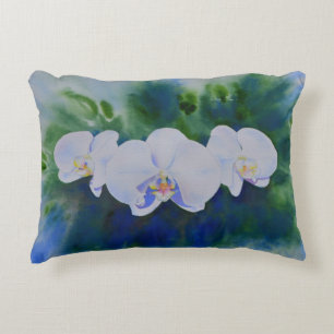Elegant white watercolor tropical boho orchids decorative cushion