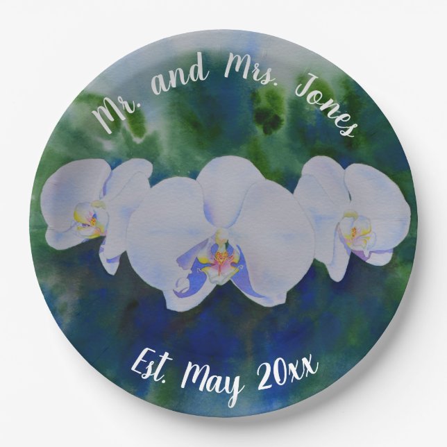 Elegant white watercolor tropical boho orchids  paper plate (Front)