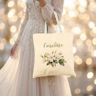 Elegant White Watercolour Apple Blossom name Tote Bag