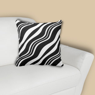 Elegant White Wave Line Pattern Black Cushion