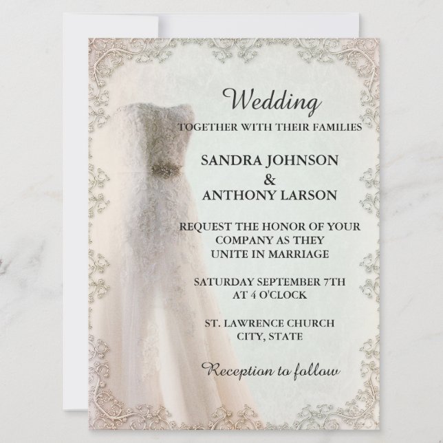 Elegant White Wedding Invitation, Wedding Dress Invitation (Front)