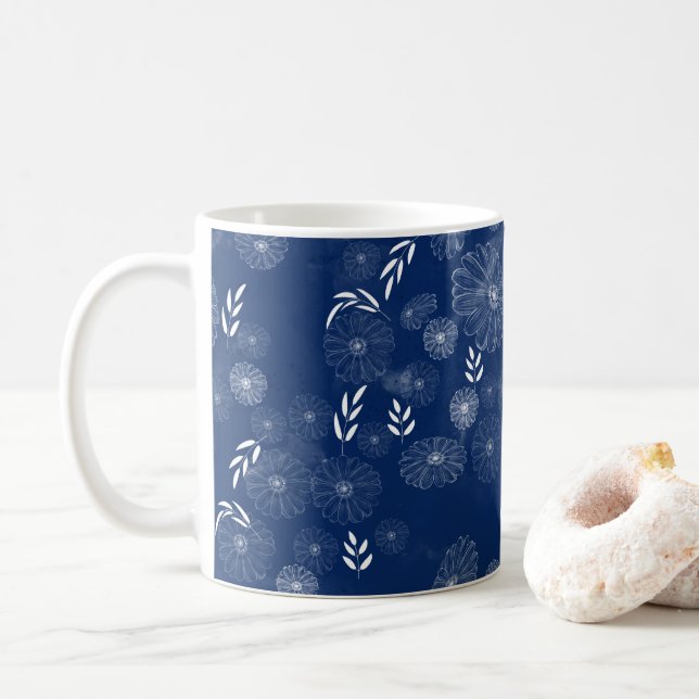 Elegant White Wildflower Doodles Pattern Coffee Mug (With Donut)