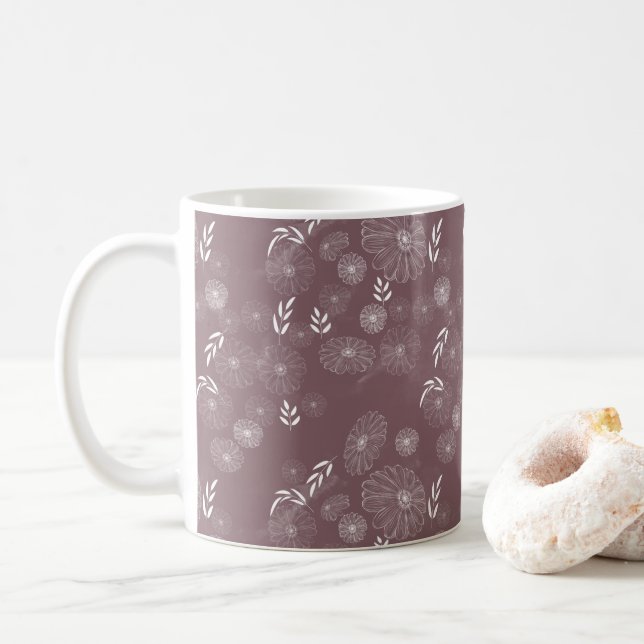 Elegant White Wildflower Doodles Pattern Coffee Mug (With Donut)