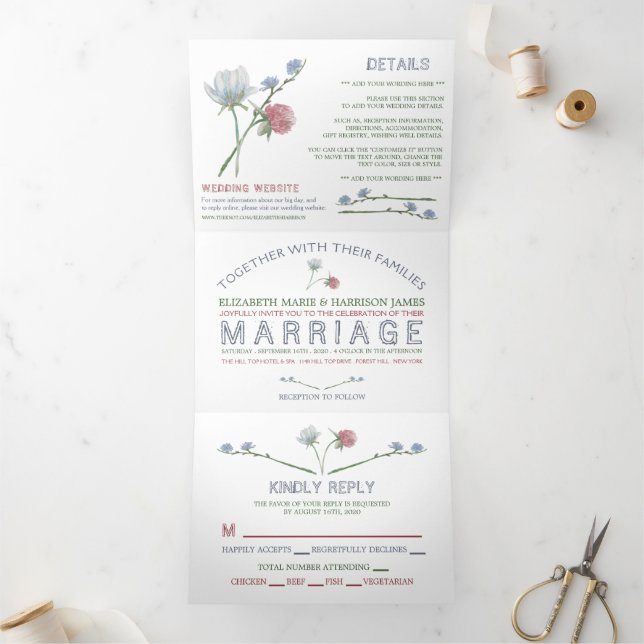 Elegant White, Wildflower Wedding Suite Tri-Fold Invitation (Inside)