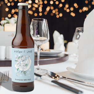 Elegant White Winter Fantasy Dragon Roses Wedding Beer Bottle Label