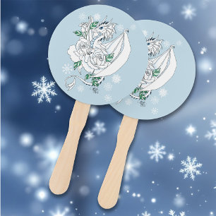 Elegant White Winter Fantasy Dragon Roses Wedding Hand Fan
