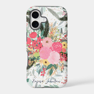 Elegant White Winter Floral & Gold Glitter Dots