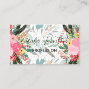 Elegant White Winter Floral & Gold Glitter Dots Business Card