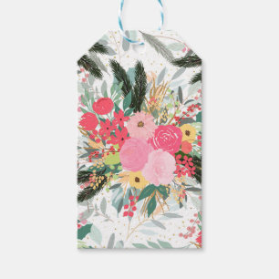 Elegant White Winter Floral & Gold Glitter Dots Gift Tags