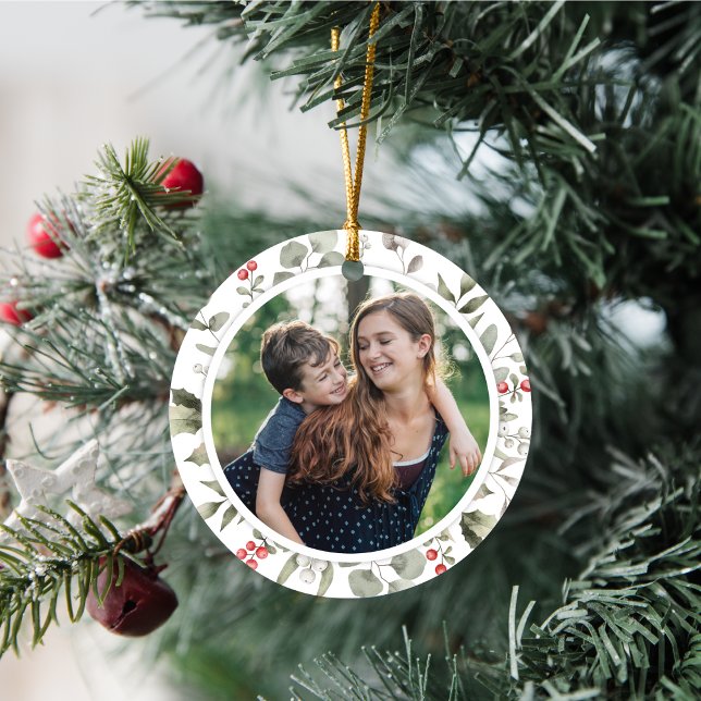 Elegant White Winter Greenery Wreath 1 Photo Ceramic Ornament (Creator Uploaded)