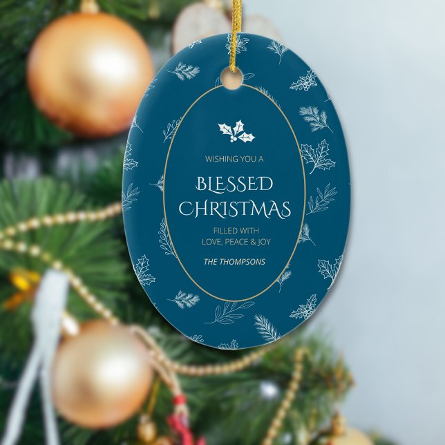 Elegant White Winter Leaves Blue MIstletoe Ceramic Ornament (Creator Uploaded)