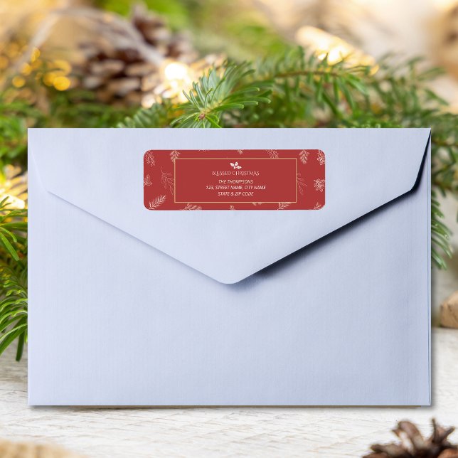 Elegant White Winter Leaves Red Return Address Label (Creator Uploaded)