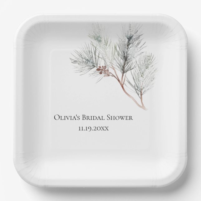 Elegant White Winter Pine Bridal Shower Paper Plate (Front)