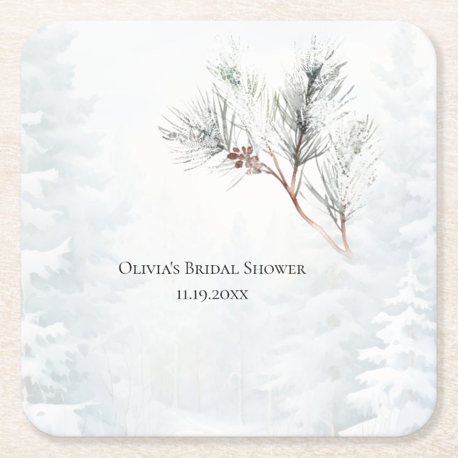 Elegant White Winter Pine Bridal Shower Square Paper Coaster (Front)