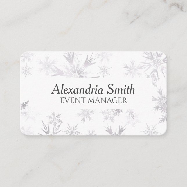 Elegant White Winter Snowflakes Business Card (Front)