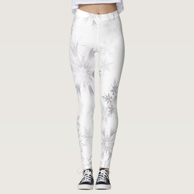 Elegant White Winter Snowflakes Leggings (Front)