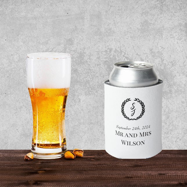Elegant White with Black Monogram Wreath  Can Cooler (Creator Uploaded)