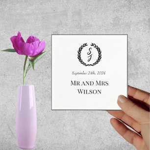 Elegant White with Black Monogram Wreath Dinner Napkin