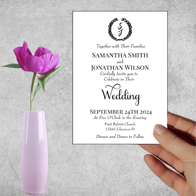 Elegant White with Black Monogram Wreath Wedding  Invitation (Creator Uploaded)