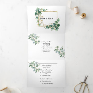 Elegant White with Eucalyptus Trim Wedding Tri-Fold Invitation
