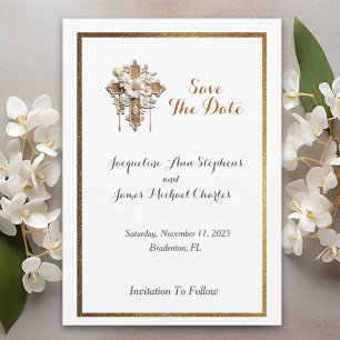 Elegant White with Gold Trim Save The Date