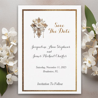 Elegant White with Gold Trim Save The Date