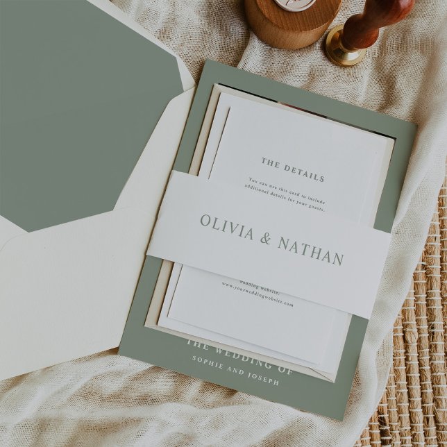 Elegant White with Sage Green Text |  Wedding Invitation Belly Band (Creator Uploaded)