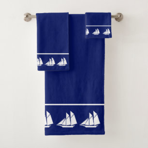 Elegant White Yachts on Navy Blue Bath Towel Set