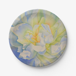 Elegant white yellow peony floral watercolor paper plate