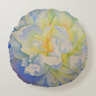 Elegant white yellow peony floral watercolor round cushion
