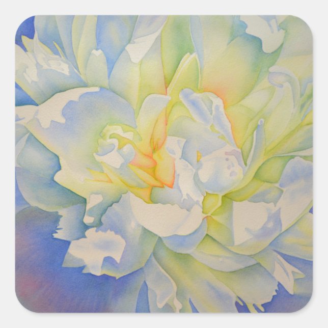 Elegant white yellow peony floral watercolor  square sticker (Front)