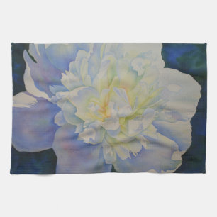 Elegant white yellow peony floral watercolor  tea towel