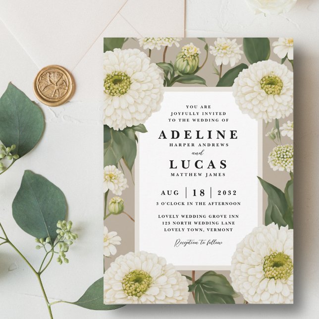 Elegant White Zinnia Flower Ivory Floral Wedding Invitation (White zinnia flower wedding invitation, elegant ivory floral wedding invite, taupe beige sand green)