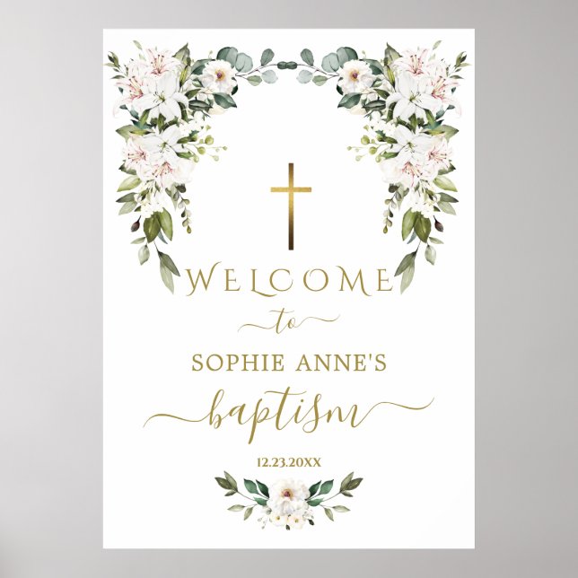 Elegant WhiteLily Wild Rose Welcome Baptism Sign (Front)