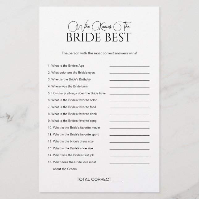 Elegant Who Knows The Bride Bridal Shower Game (Front)