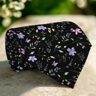 Elegant Wild Floral On Black Background Wedding Tie