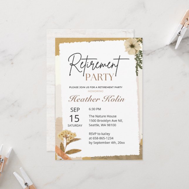 Elegant Wild Floral Retirement Party Arch Photo Invitation (Front/Back In Situ)