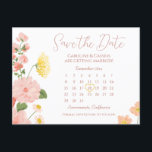 Elegant Wild Flower Wedding Calendar Save The Date Announcement Postcard<br><div class="desc">Announce your wedding date in style with these elegant wild flower save the date postcards in blush pink and yellow. The design features simple typography and a personalised wedding calendar on which you can mark your wedding day with a cute white heart. Cards can be easily customised with the details...</div>